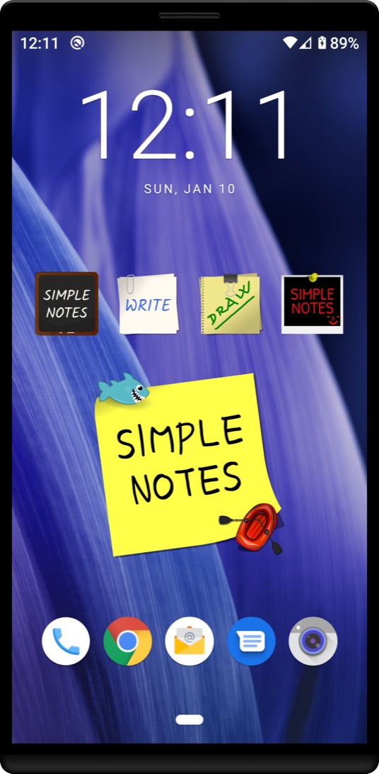 An Android home screen with a large yellow sticky note reading 'Simple notes', decorated with a fish and a boat, and four small notes in blackboard, paper and sticky-note styles.