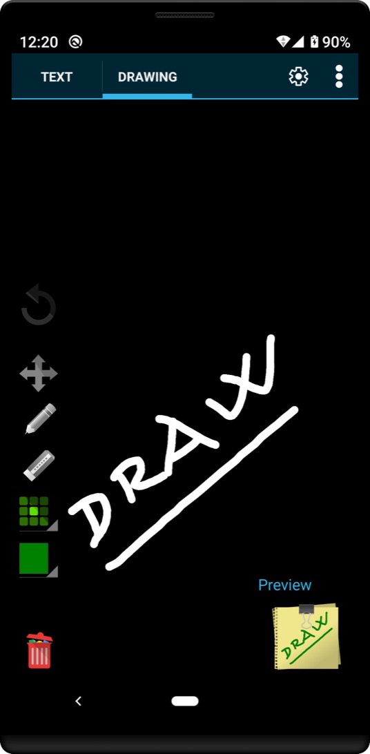 The Drawing tab with the word DRAW sketched by hand in white, drawing tools down the left edge and a preview of the finished note in the corner.