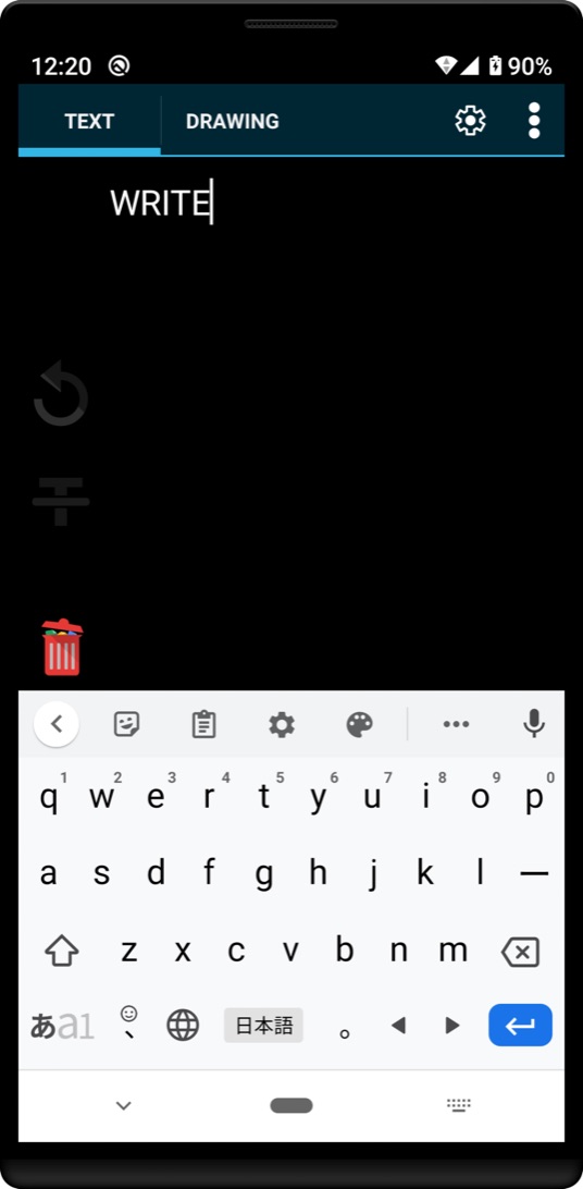 The Text tab with the word WRITE being typed and the on-screen keyboard open.