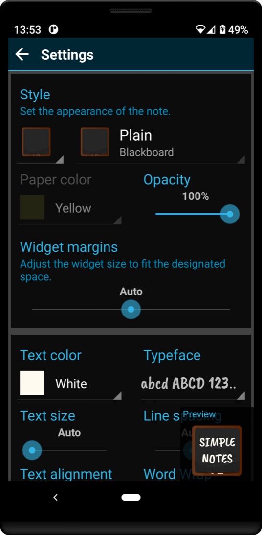 The note Settings screen: style set to Plain Blackboard, paper colour, opacity, widget margins, text colour, typeface, text size and line spacing.